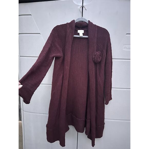 Soft Surroundings Knit Long Cardigan Burgundy w/ Flower Brooch Alpaca Wool XL - Picture 3 of 8